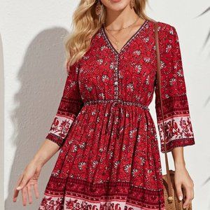 Shein Drawstring Waist Floral A-Line Dress